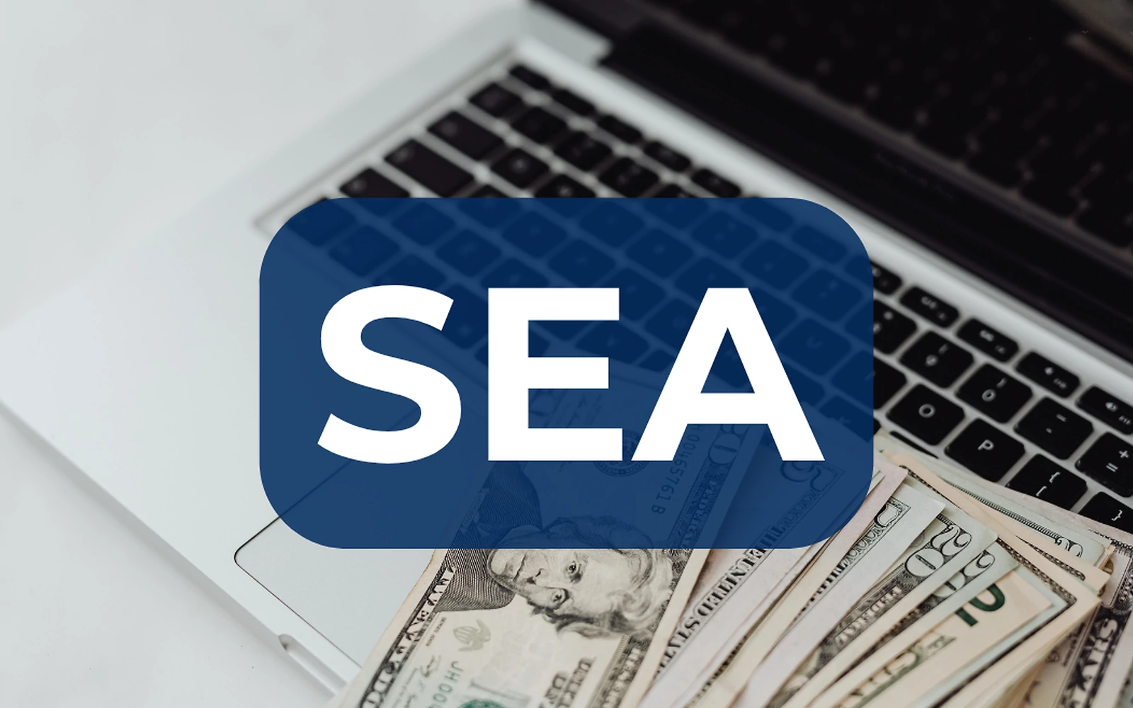 Ordinateur qui représente le référencement et des billet qui représente le faite que ce soit payant, avec un titre en gros "SEA"